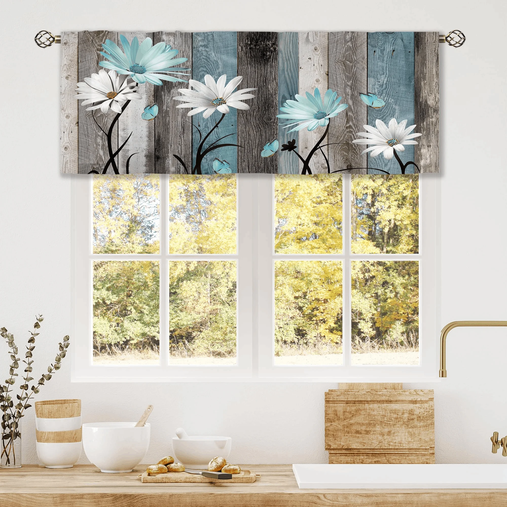 Teal Farmhouse Daisy Floral Butterfly Window Valance Rod Pocket Rustic Country Curtain Valance For Kitchen Bathroom Bedroom