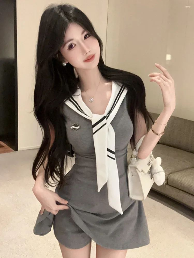 

Korean Style Spicy Girl Navy Collar Sleeveless Waist-Cinching Dress Women's Summer Versatile Base Layer Pants Two-Piece Set