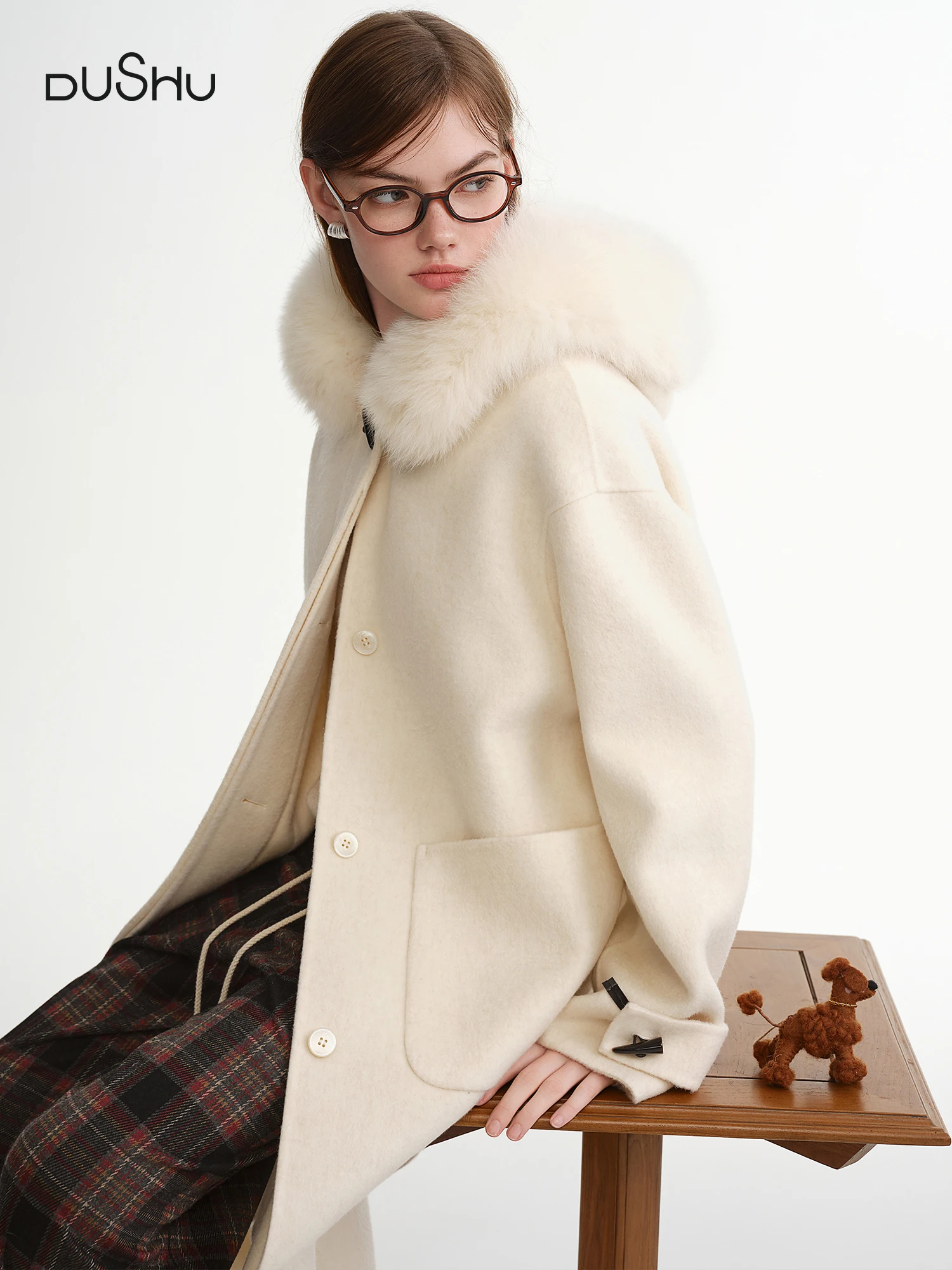 

DUSHU Plus-Size Women's Sunset Snow Mountain Fox Fur Collar Double-Faced Wool Overcoat: 2025 Winter New Arrival 100% Wool Coats