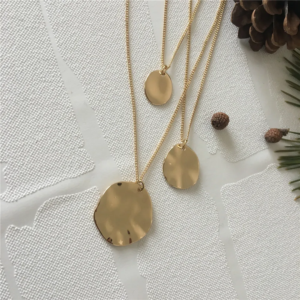 Gorgeous Gold Color Plating Hammered Effect Round Disc 3 Layered Necklace For Women Girl Bohemia Casual Long Fashion Jewelry