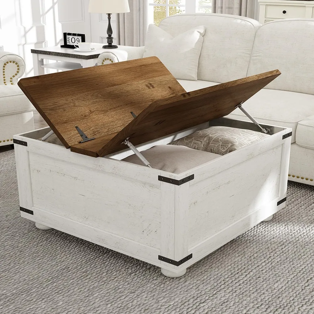 Farmhouse Coffee Table with Storage, Square Center Table with Large Hidden Storage Compartment, Large Lift Square Top