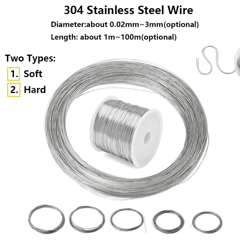 1-100M 304 Stainlesss Steel Spring Wire Hard/Soft Single Strand 0.02-3mm Anti-Rust Craft Wire for Lashing DIY