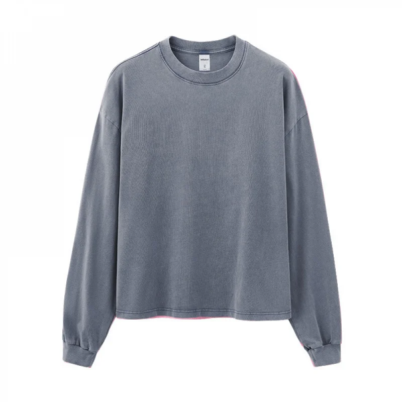 

Men'S Long Sleeve T-Shirt, 2025 Autumn New Arrival American Retro 100% Cotton Vintage Washed Blue Color Plain Top