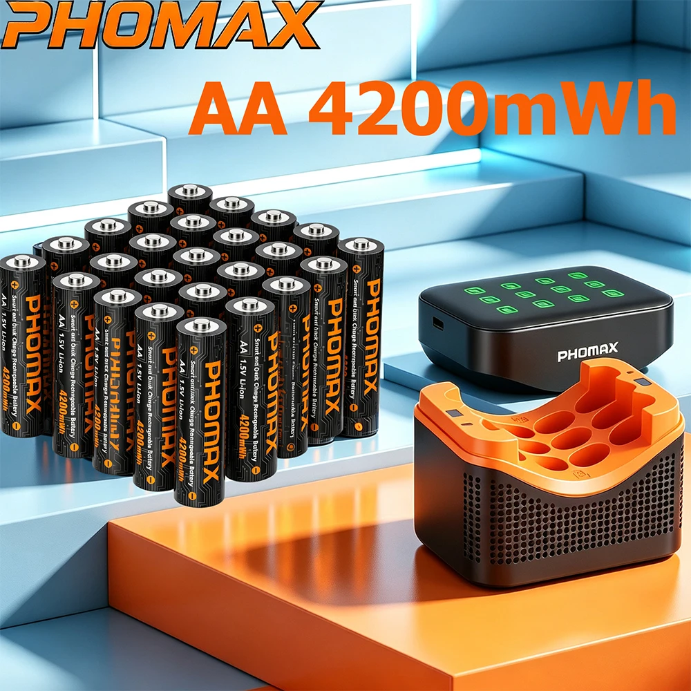 PHOMAX Lithium-Akku, AA/AAA 12-Slot-Intelligenzladegerät 1,5V AA 4200mWh AAA 1110mWh Zelle für Fernbedienungen, Mäuse, Spielzeug