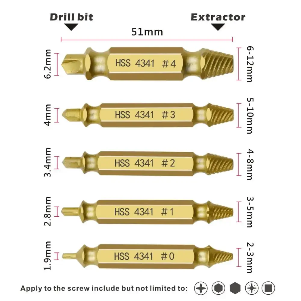 Juego de extractores de tornillos HSS, Kit de herramientas de broca para quitar tornillos rotos y dañados, 5 uds.