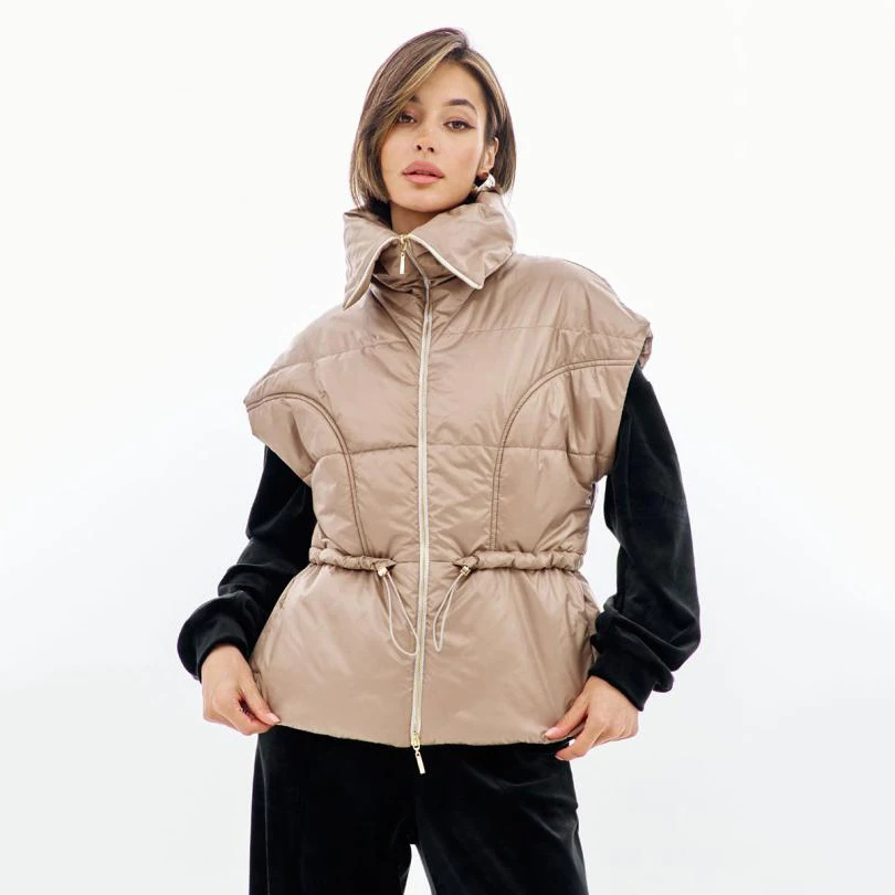 RU Women Quilted Puffer Vest High Collar Zip Up Drawstring Waist Sleeveless Warm Gilet Layering Casual Outerwear