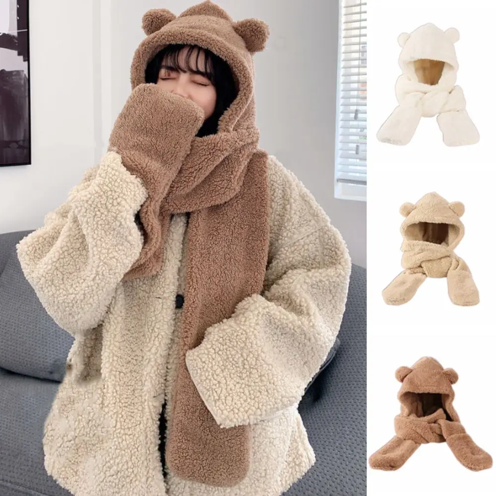 Bequeme 3-in-1-Plüschmütze mit Bärenohren, verdickter Gehörschutz, Plüschschal, Mütze, Handschuhe, warme Ohrenschützer, Fleece-Schals, Mütze für Mädchen