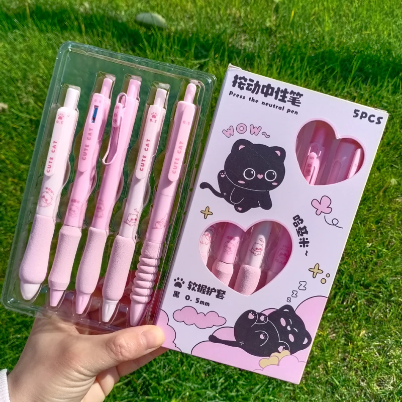 Bolígrafos de Gel Kawaii de secado rápido, 5 piezas, supersuaves, serie rosa, bonitos gatitos, tinta negra, artículos de papelería japoneses Kawaii