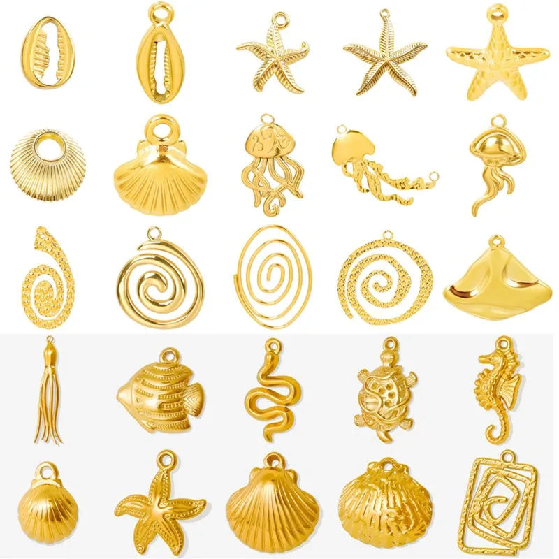 5pcs/Lot PVD Stainless Steel Marine Animals Charms/Pendants For Jewelry Making Bulk Sea Horse Shell Conch Turtle Starfish Charm