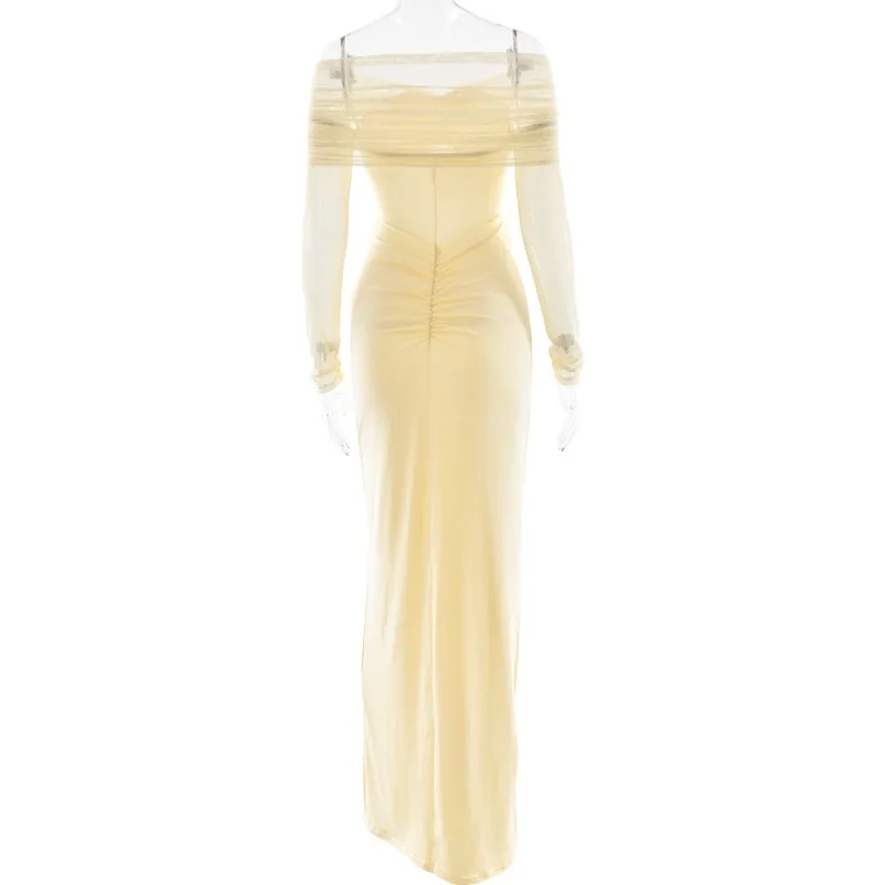 Women Elegant Sheer Mesh Patchwork Bodycon Maxi Evening Party Dress Ruched Hollow Off Shoulder Full Sleeve Birthday Long Robe