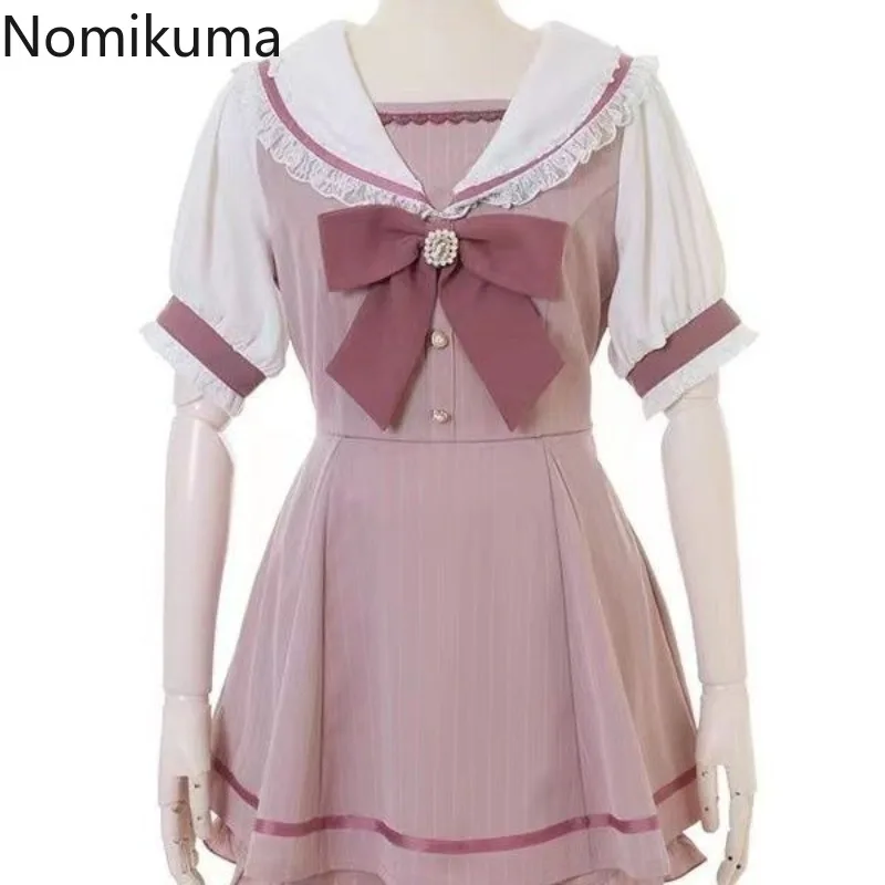 

Sweet 2 Piece Sets Women Clothing Japanese Outfits Sailor Collar Tunic Bow Dresses High Waist Shorts Suit Chic Cute Summer Set