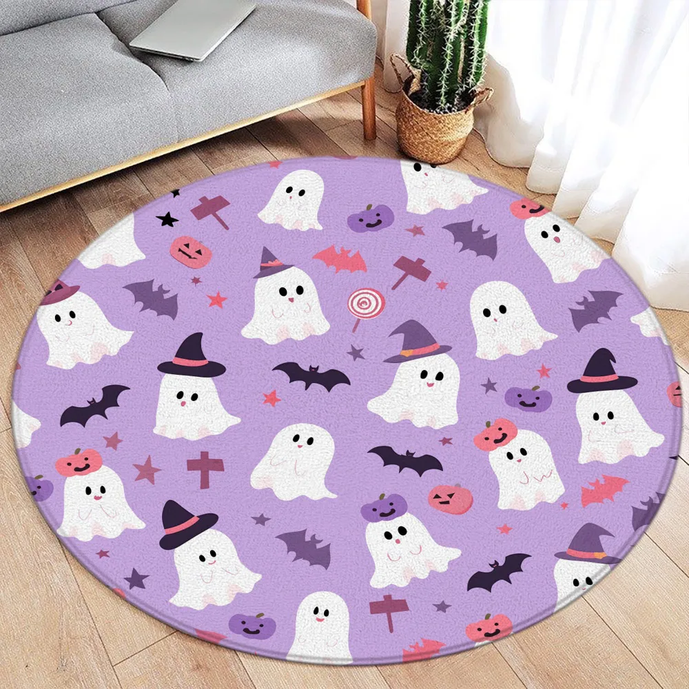 Cartoon Halloween Round Carpet Funny Spectre Ghost Cobweb Bat Pink Home Living Room Bedroom Decorative Floor Rugs Sofa Mats