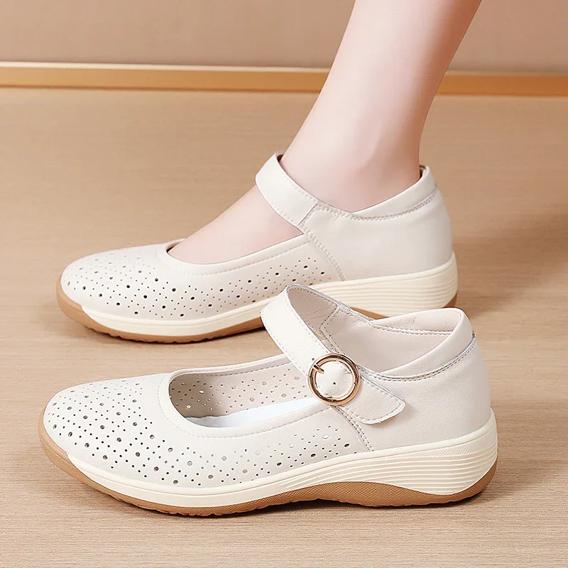 

Women's Summer Breathable Hollow out Soft Leather Sandals Comfortable Flat Bottom Genuine Leather Shoes Lightweight Slip-On