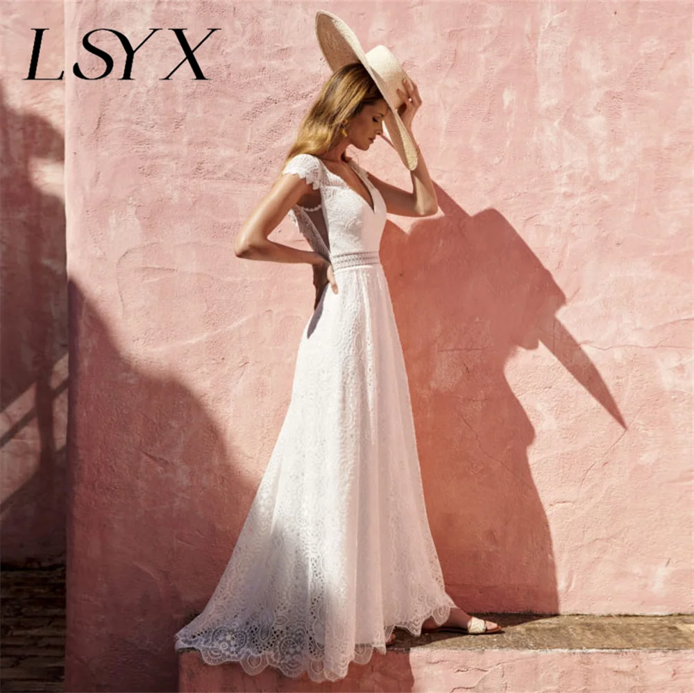 LSYX Chiffon A-Line V-Neck Lace Cut Out Beach Wedding Dress Cap Sleeves Floor Length Open Back Bridal Gown Boho Robe De Marie