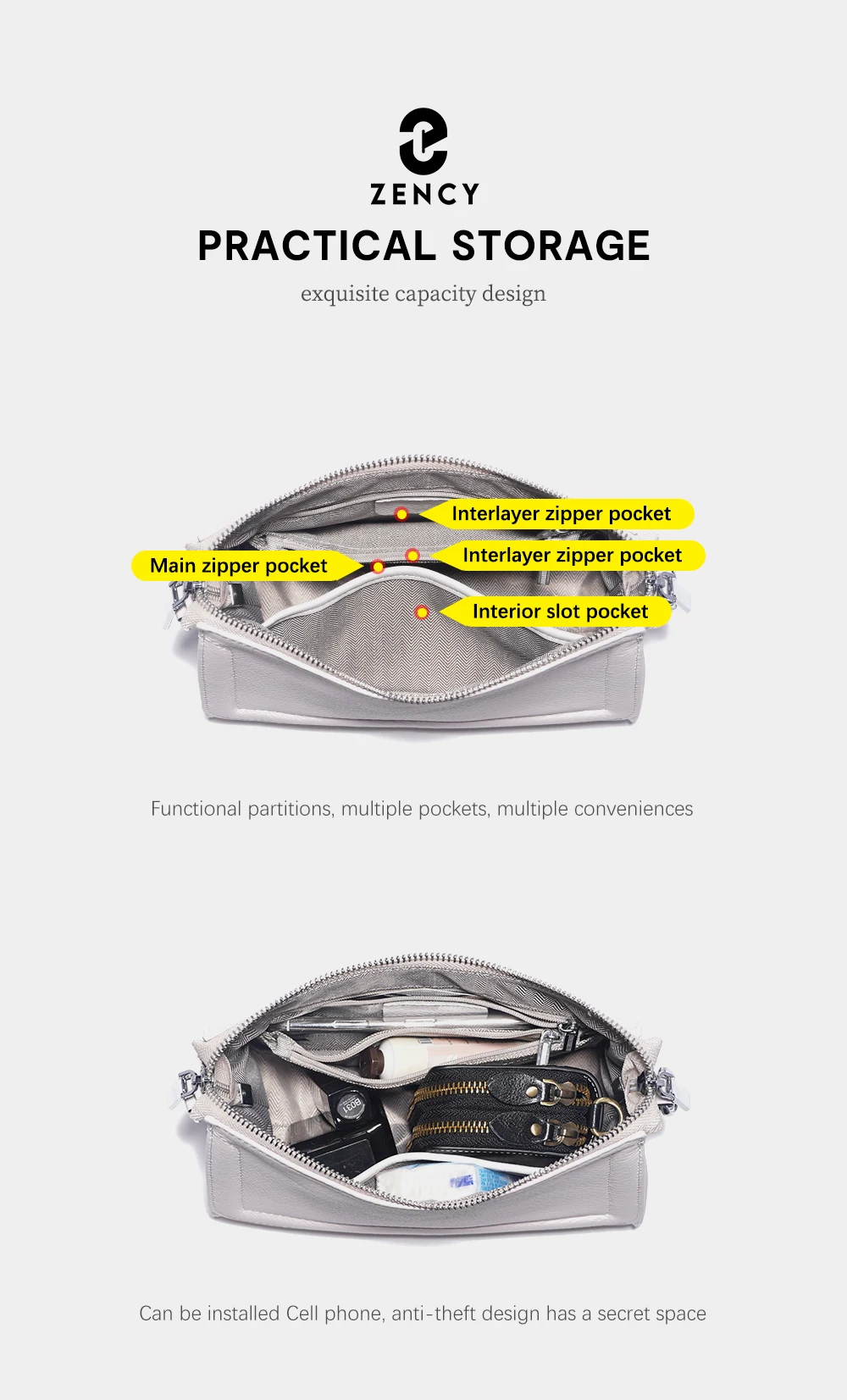 Zency Acryl-Ketten-Handtasche aus weichem Leder mit Tragegriff, luxuriöse kleine Unterarm-Umhängetasche für Damen, weiß, modische Schultertasche – Detail 7