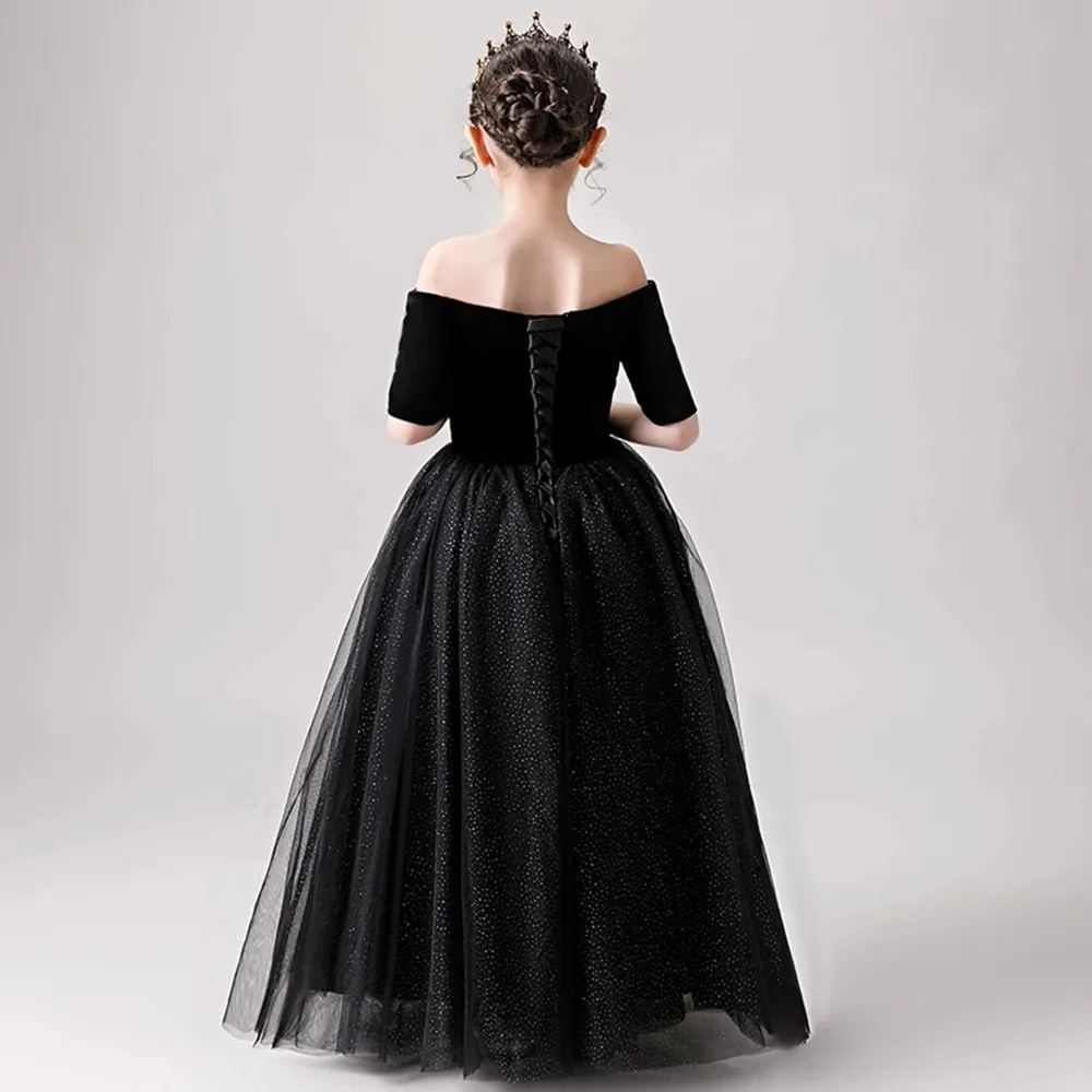 Flower Girl Dress Luxury Black Lace Illusion Sequined Off The Shoulder Princess Floor-Length Tulle Boat Neck Kid Party Gown