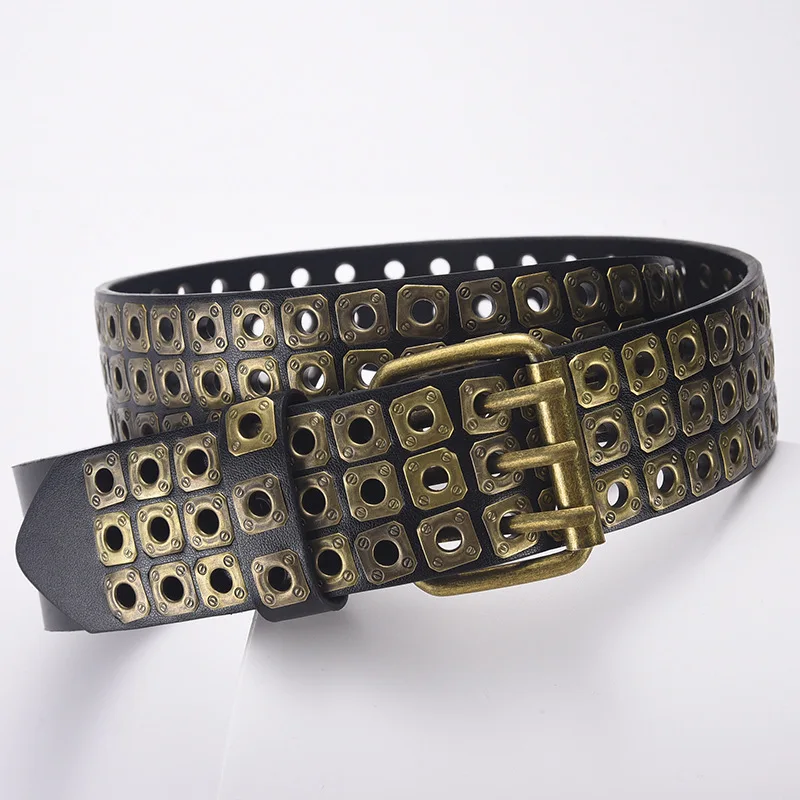 New Style Square Bead Willow Nail Three row Air eye Punk Men Belt Women The Same Personality Trend Pants Clothing Accessories