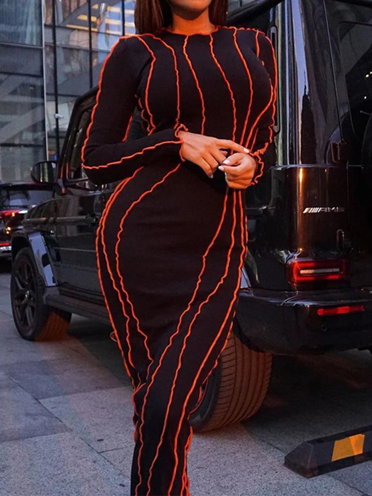 OMSJ 2024 Street Striped Dresses Women Full Sleeve Crew Neck Casual High-waist Fashion Pullover Ribbed Color Slim Contrast Dress