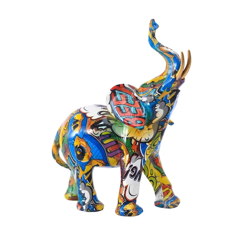 Nordic Painting Graffiti Elephant Sculpture Figurine Art Ornaments Colorful Statue Creative Resin Crafts Home Decoration Gift