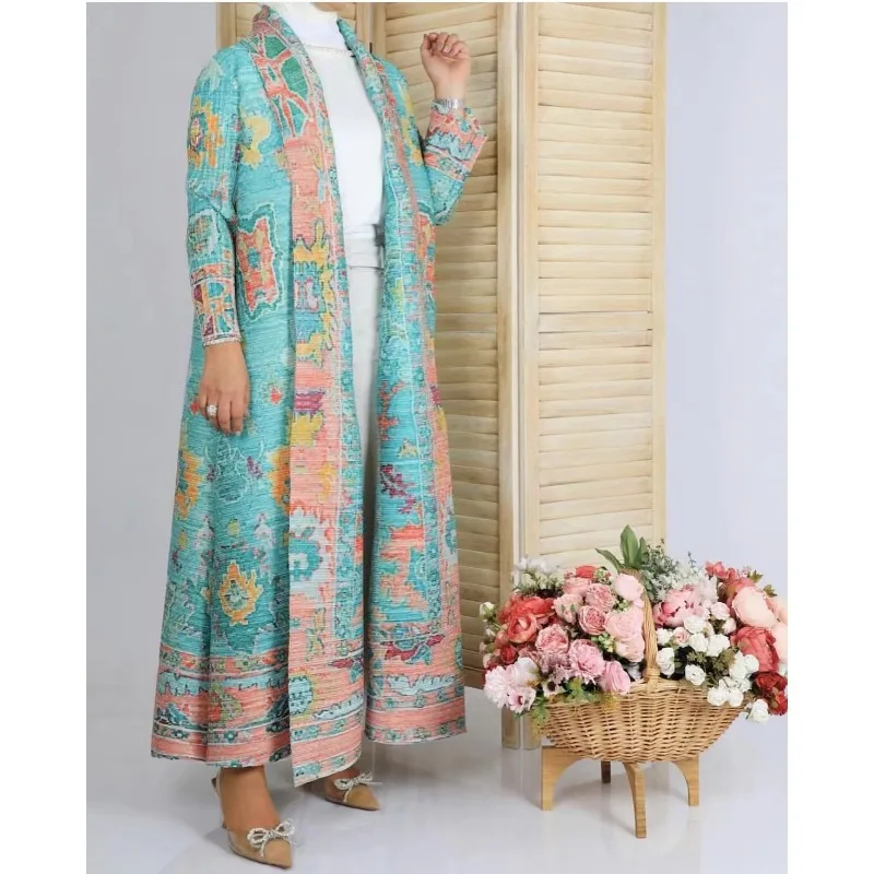 Women Abaya Vintage Printed Original Design Lapel Long Sleeved Cardigan Loose Big Collar Tied Arabian Female Luxury Abaya 2025