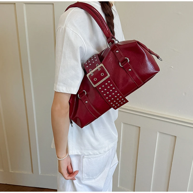 Y2k Nieten-Gürtelschnallen-Handtasche, Damen Motorrad Biker Punk-Stil Metall-Nieten-Schultertasche, Koreanische Y2k Mädchen Reißverschluss-Tragetasche – Detail 35