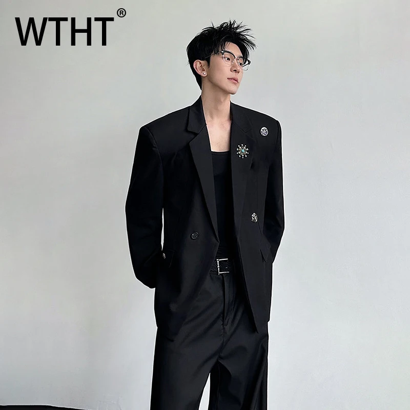 WTHT Fashion Men's Spliced Metal Brooch Design Blazer Coats Trendy 2026 Summer Turn Down Collar Casual Jackets Male 2A2825