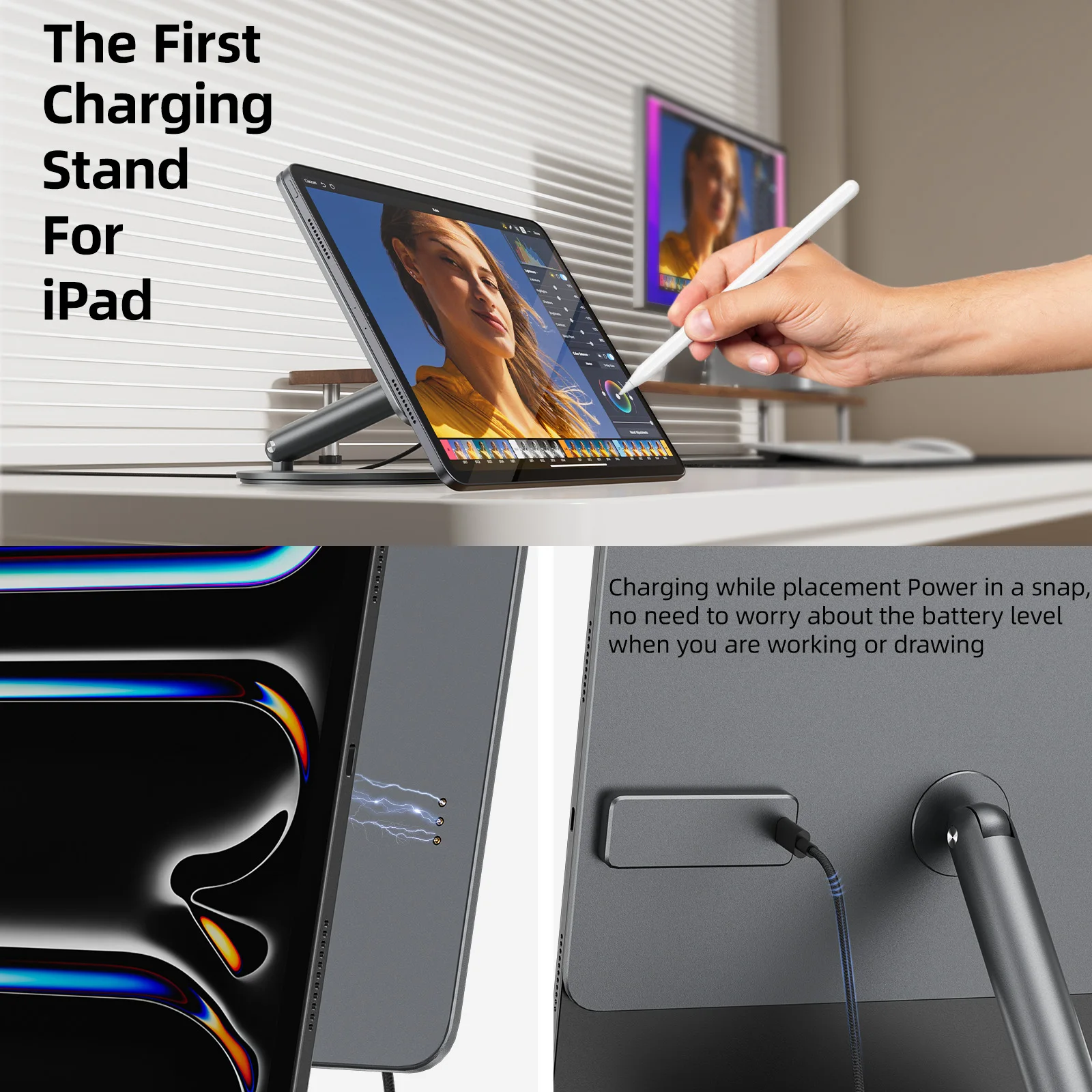 KUXIU X44PRO Magnetic Wireless iPad Charging Stand With 360 Rotation Base For iPad Pro11/13 inch M4(2024),Foldable Tablet holder