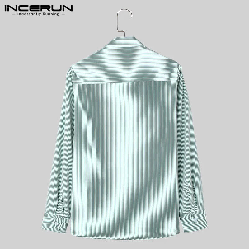 INCERUN Tops 2024 Korean Style Men\'s Double Pocket Design Striped Shirts Fashion All-match Solid Lapel Long Sleeved Blouse S-5XL