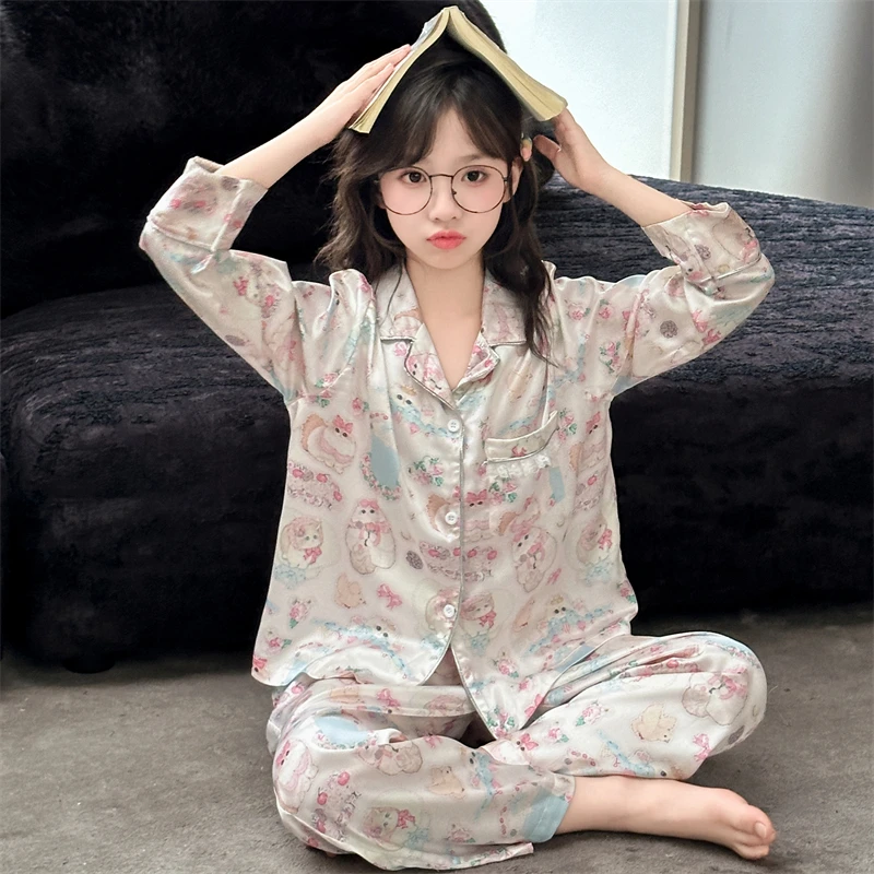 

Girls Pajamas Set Soft Silk Satin 2-Piece PJs Sleepwear Kids Long Sleeves Long Pants Princess Button Down Outfit Sets Size 4-14Y