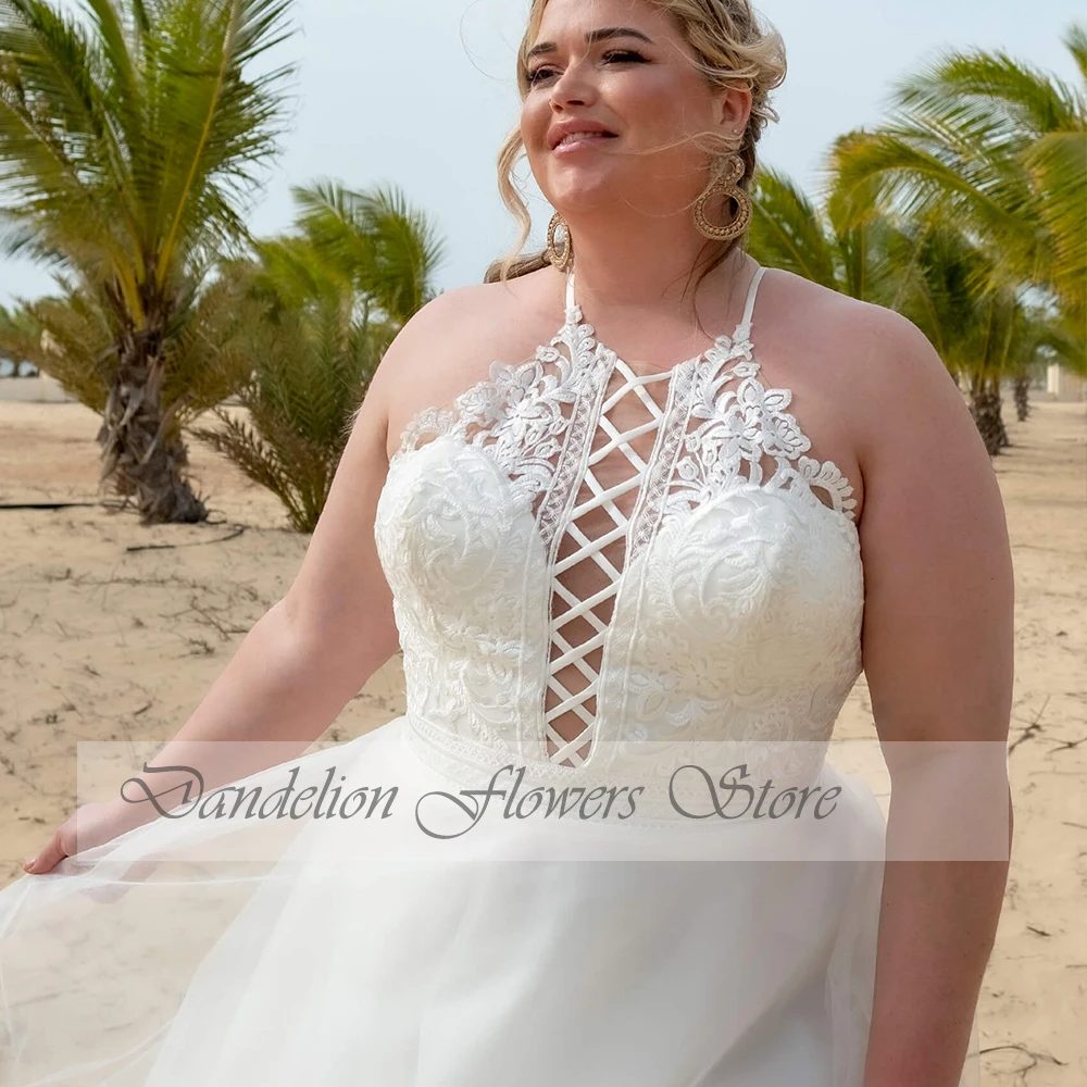 Vestidos De novia sexys con cuello Haler De talla grande 2023, vestidos De novia con cordones De tul sin mangas, Vestido De cola De barrido De novia