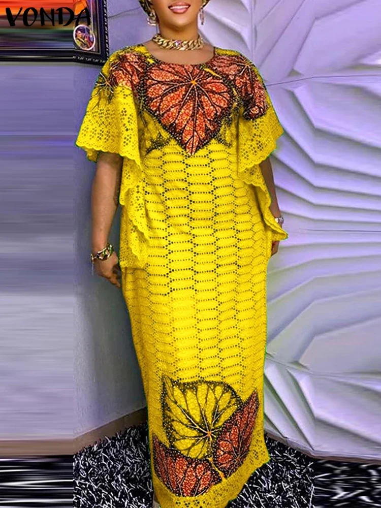 VONDA Bohemian Long Maxi Dress Women Printing Sundress 2024 Vintage Short Sleeve Party Vestidos Casual Loose Robe Oversized