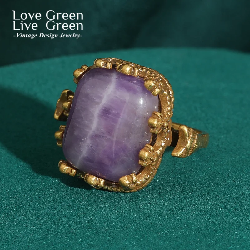 

Vintage Square Purple Stone Ring Natural For Woman Antique Gold Color Luxury Designer Brands Jewelry Couples Gift Accessories