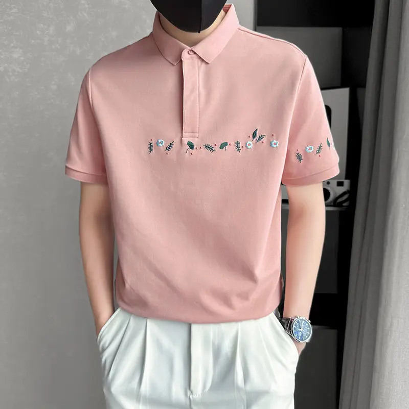 Summer Embroidery Men Commerce Fresh Short Sleeved Lapel Collar T-shirt 2024 New Fashion Thin Style Printing Multicolor Tops