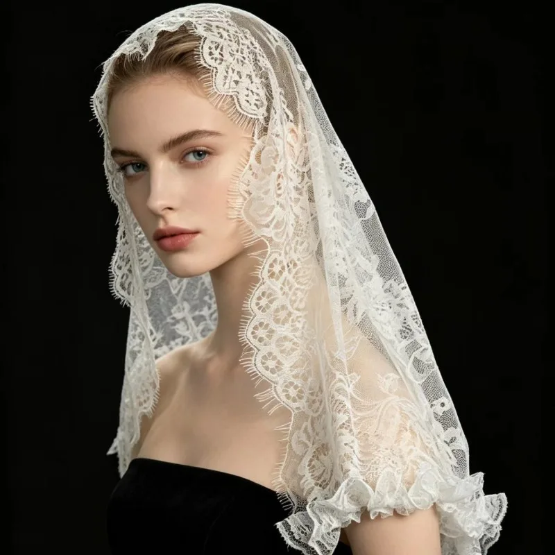 Vintage French Style Bridal Lace Veil Short Single Layer Hollow Lace Edge Face Cover Veil Wedding Hair Accessory