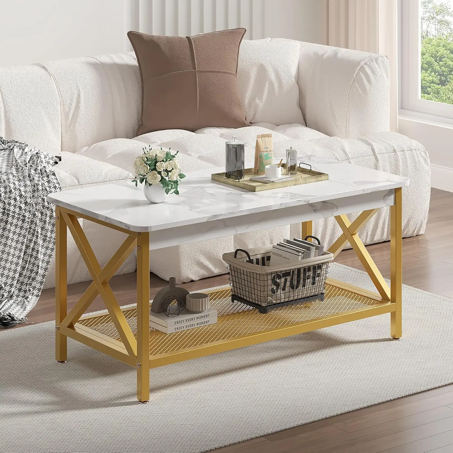 

Coffee Table with 2-Tier Storage Shelf X-Frame for Living Room, Office Industrial Style,Easy Assembly, 39 inch Gold, Customized