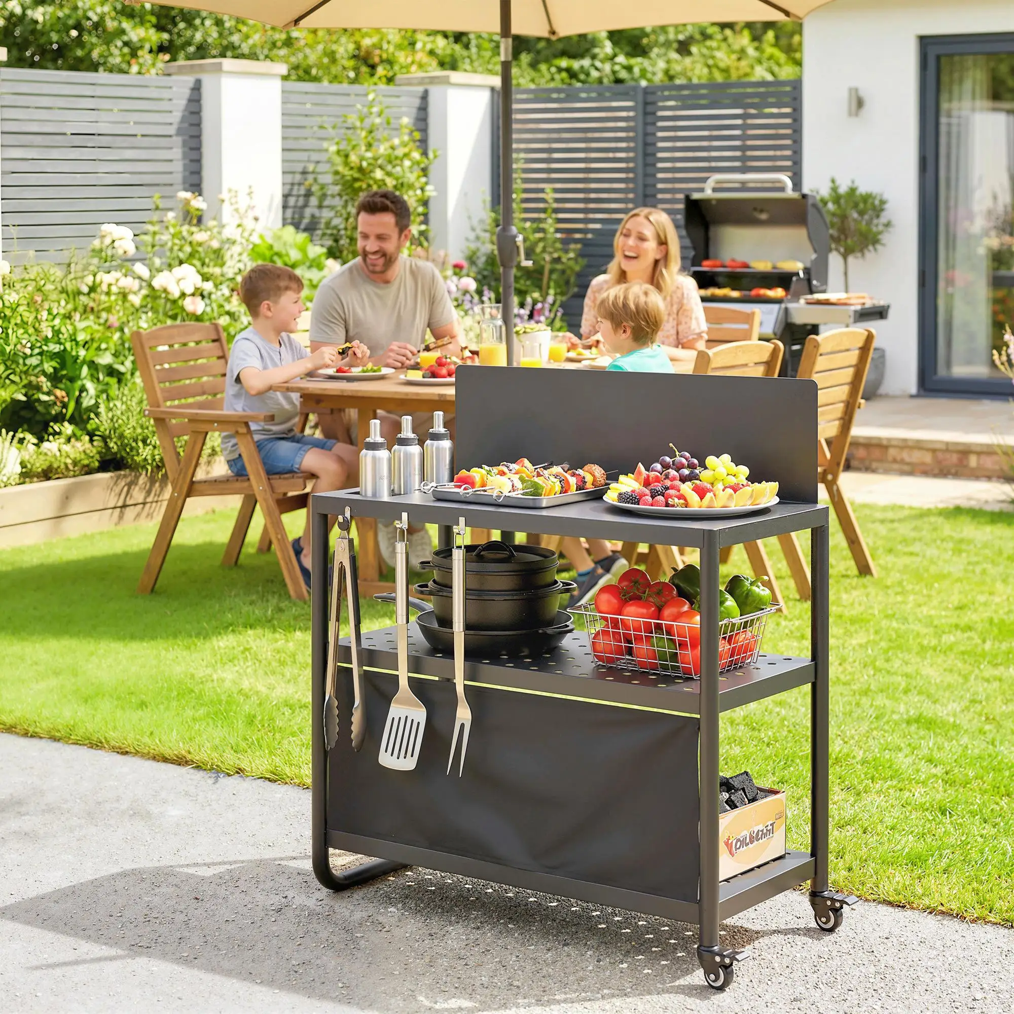 Carrito de barbacoa de 3 niveles con protección contra el viento, 100x46x110cm, acero negro para caravana y jardín