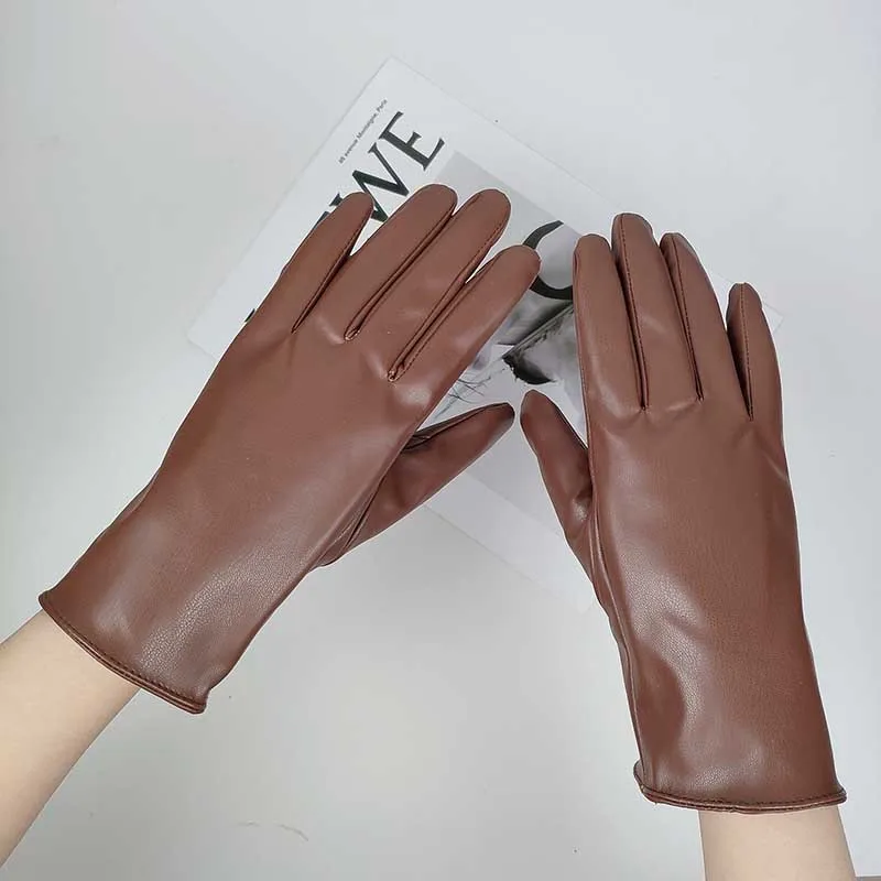 Winter Female Solid Sport Cycling Windproof Mitten Women PU Leather Plus Plush Thick Velvet Warm Driving Waterproof Glove O86