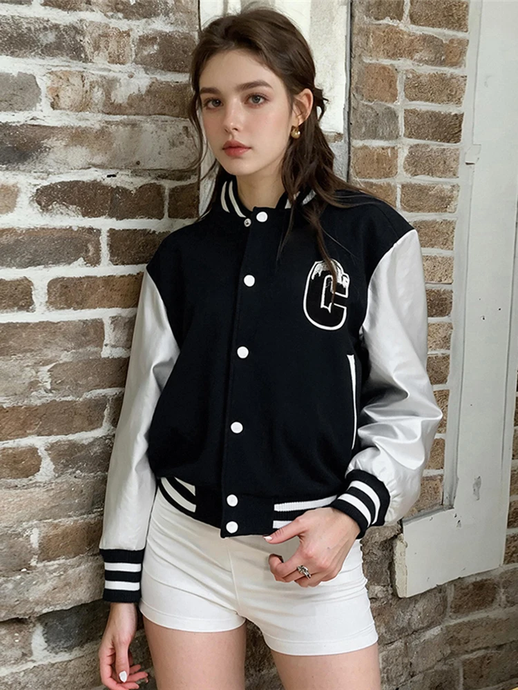 

Nibber Leather Patchwork Contrast Design Baseball Jacket Woman Autumn Trend Single-Breasted Full Sleeve Casual Sporty Style Coat