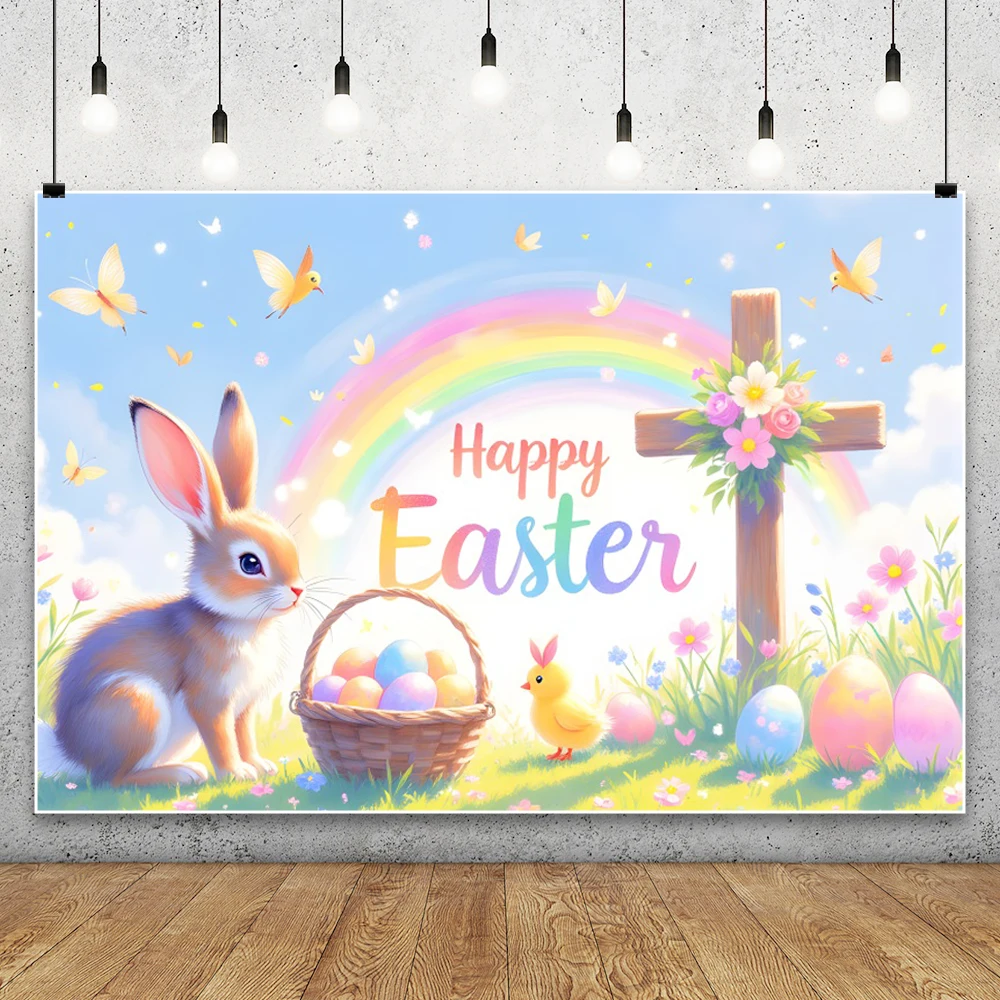 Easter Backdrop for Photography Bunny Shop Spring Easter Day  Background For Photography Rabbit Wood Floor Rainbow Photo Studio