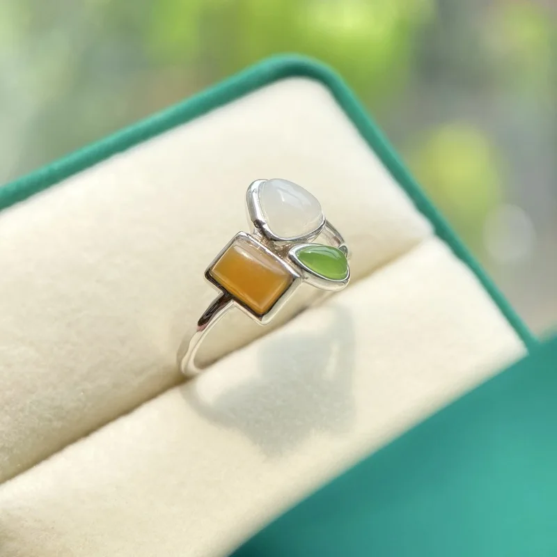 Natural Hetian Multi-Gem Ring S925 Sterling Silver Inlaid With White , Green , And Sugar Jade
