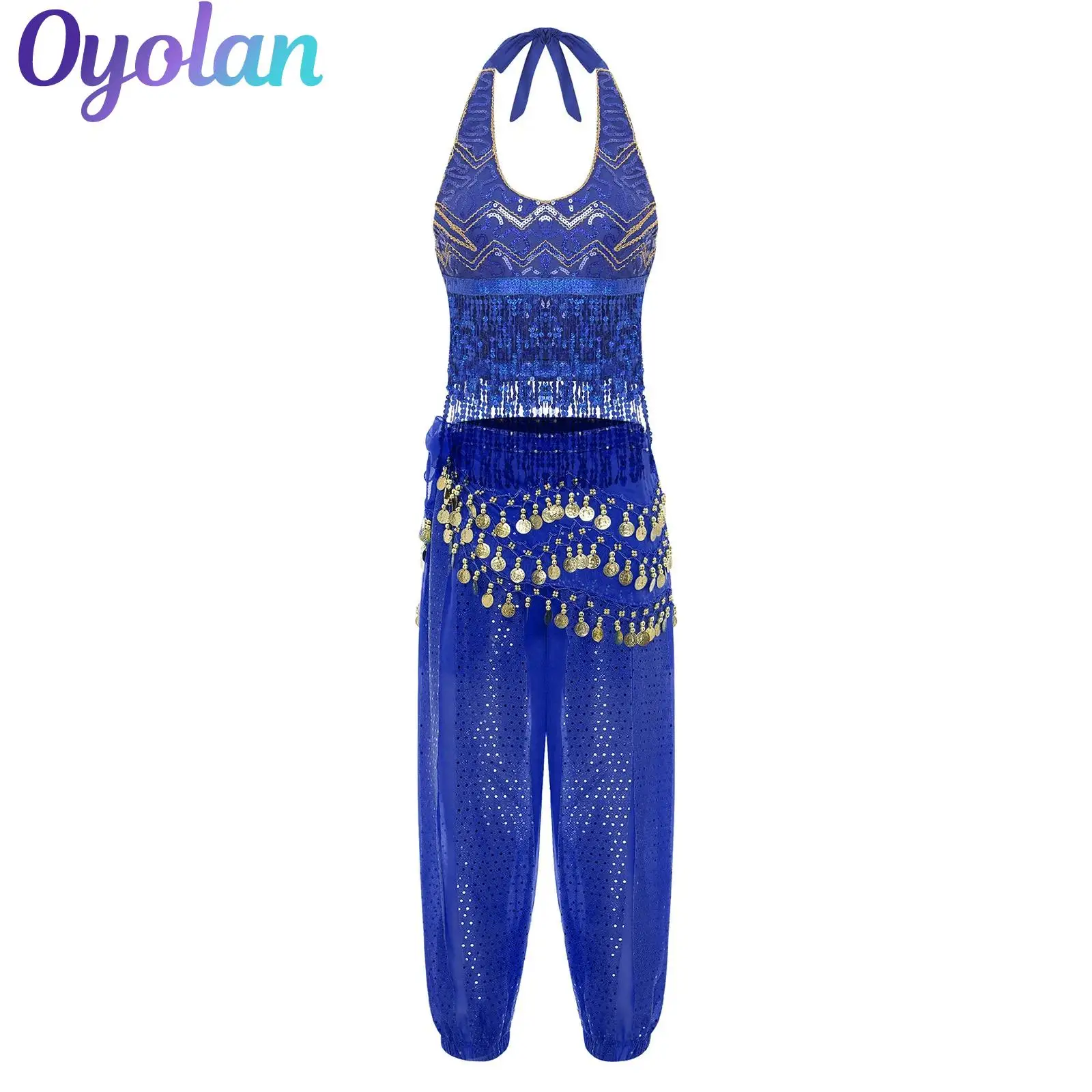 

Womens Indian Belly Dance Bellywood Performance Costume Halter Shiny Tassel Crop Top And Bloomers Long Pants with Hip Scarf Set