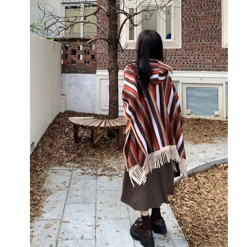 

Полосатая цветная вязаная толстовка с бахромой, женская повседневная уличная толстовка средней длины для путешествий, трикотаж из смеси полиэстера