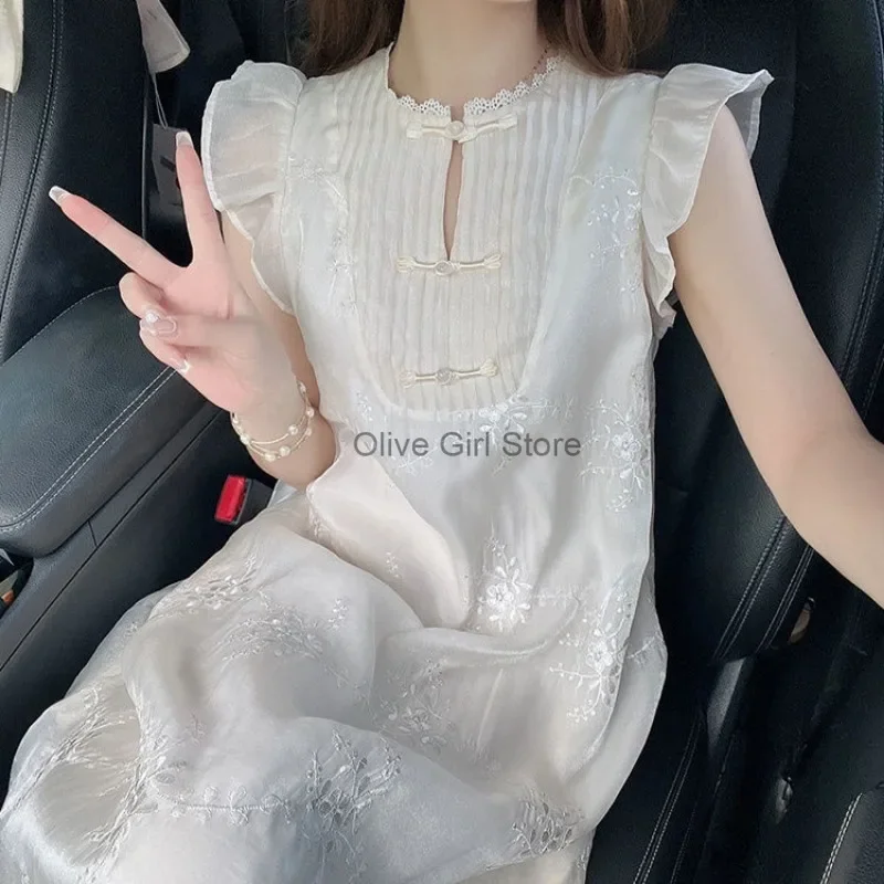 Chinese Dress Exquisite Jacquard Embroidered Dress Y2K Elegant Gentle Small Flying Sleeves Long Women Clothing Beach Streetwear