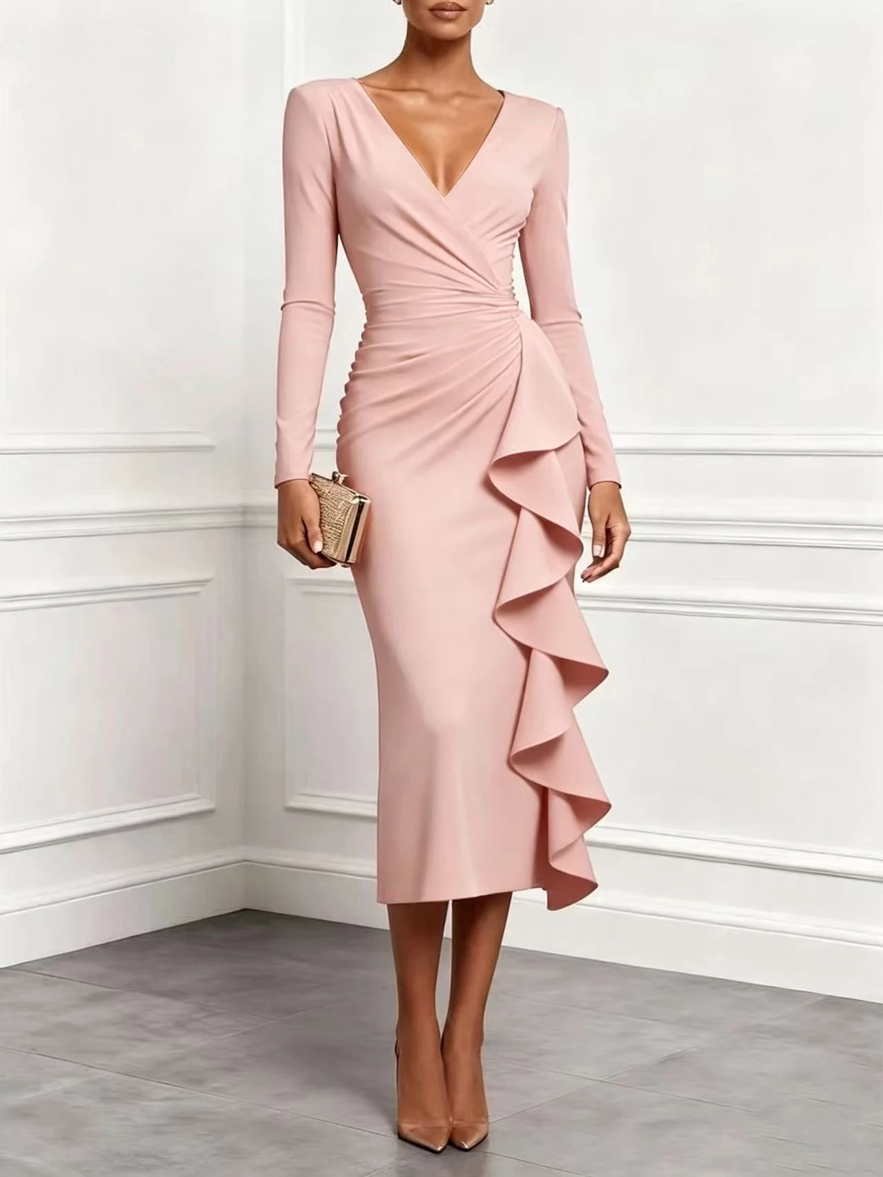 Women V‑Neck Long Sleeve Midi Dress Ruffle Ruched Mermaid Bodycon Formal Party Wedding Guest Dress