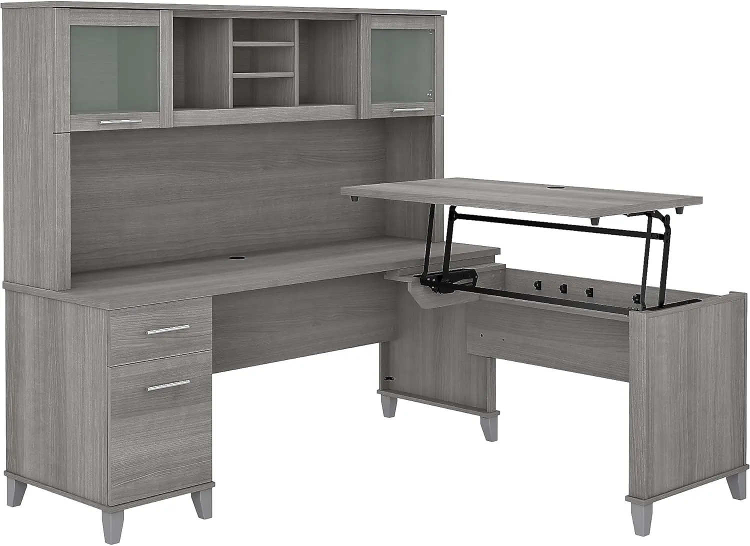 3 Position Sit to Stand L Shaped Desk with Hutch in Platinum Gray | Adjustable Height Table