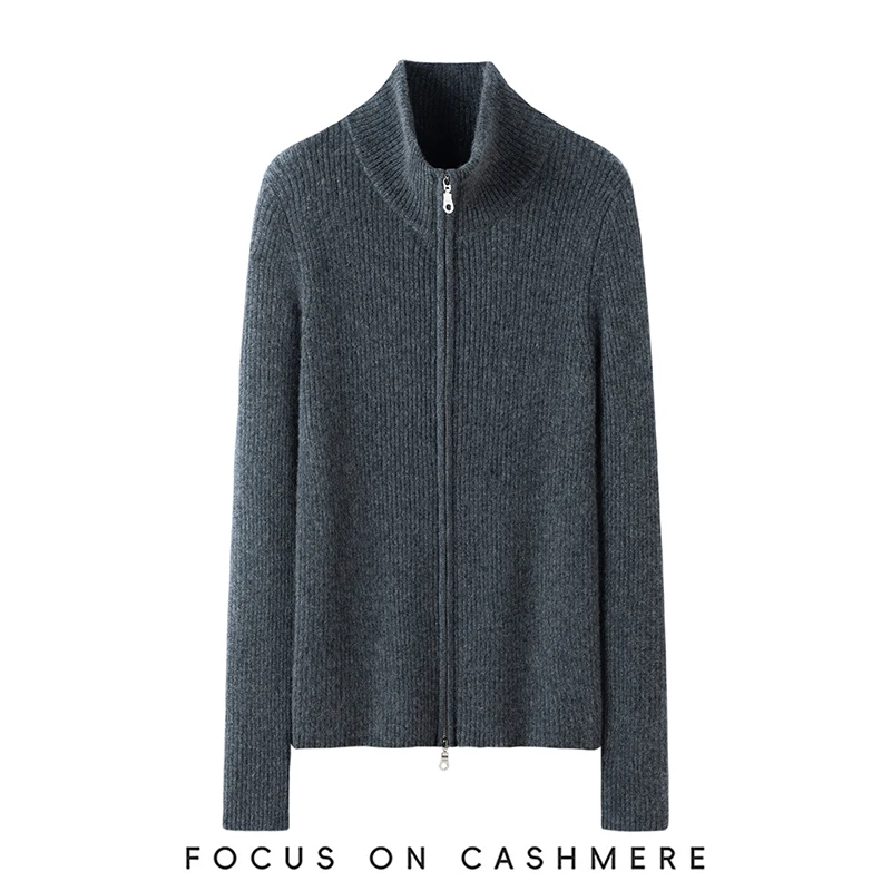 Damski sweter z wysokim kołnierzem, zapinany na zamek, w drobne paski, wykonany w 100% z kaszmiru, swobodny, modny sweter-płaszcz, wygodny, miękki, dzianinowy na jesień i zimę.