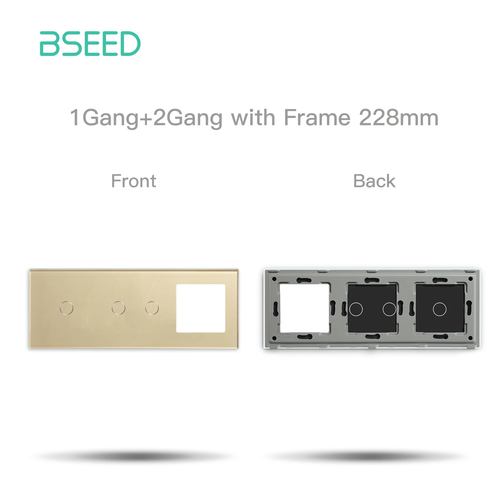BSEED Doppelter 1/2/3Gang-Touch-Schalter, Glasscheibe mit leerem Steckdosenrahmen, Ersatzteil, kein Schalter auf der Rückseite, EU-Standard, 228 mm
