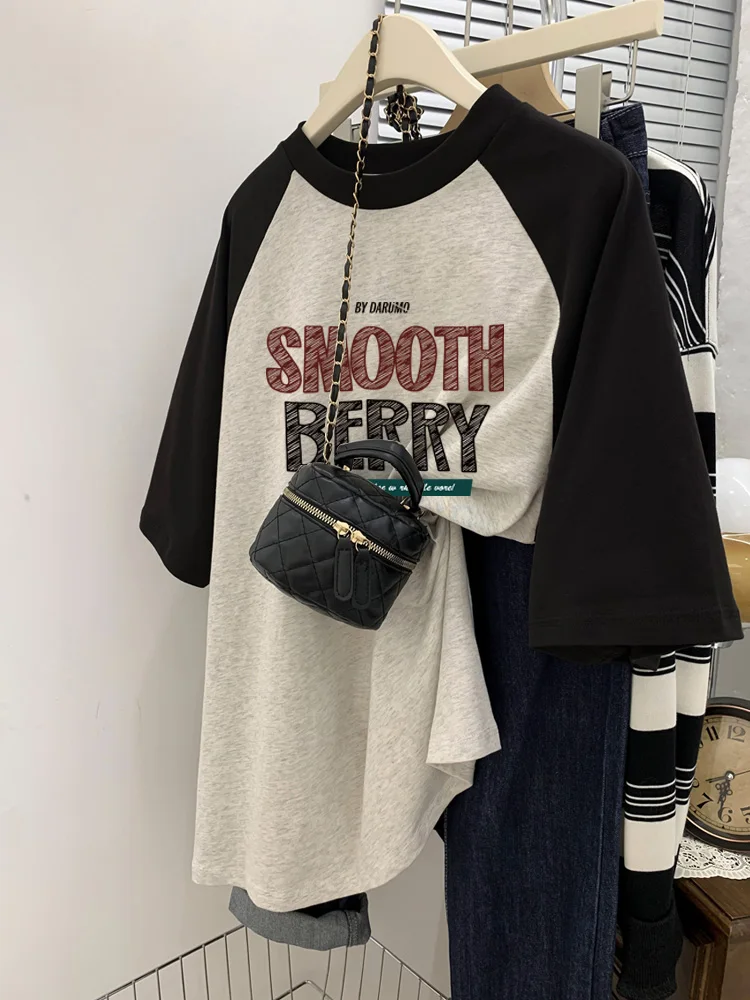

Retro Hong Kong Sle Pure Cotton ort Sve T-irt Women's oulder Insert Splice Color Blo Trendy Summer Top