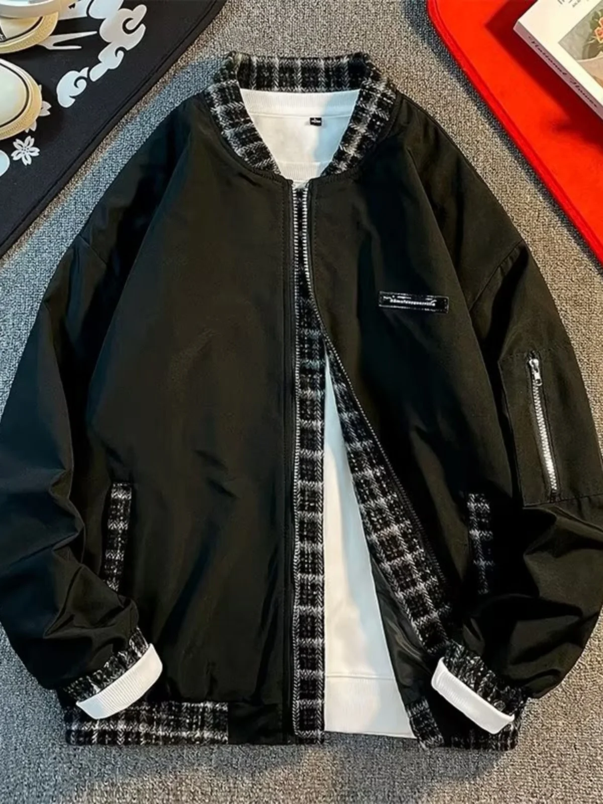 

Осенне-зимняя мужская повседневная куртка больших размеров в стиле Street Sle, свободного кроя, с клетчатыми вставками, молодежная модная верхняя одежда