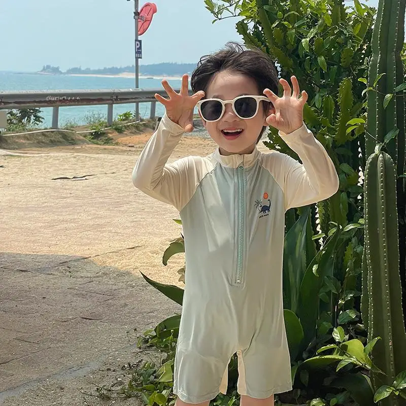 Summer Kids Swimwear Boys Beach Wear Plaid One-piece & Split Long Sleeve Boys Swimwear with Cap Sunscreen Baby Clothes 2